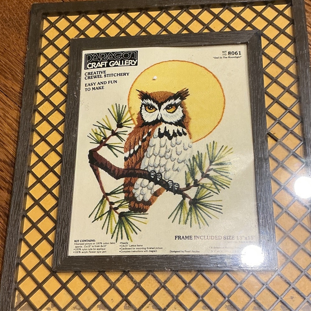 1981 Paragon Craft Gallery Crewel Kit 8061 Owl in the Moonlight Frame Included